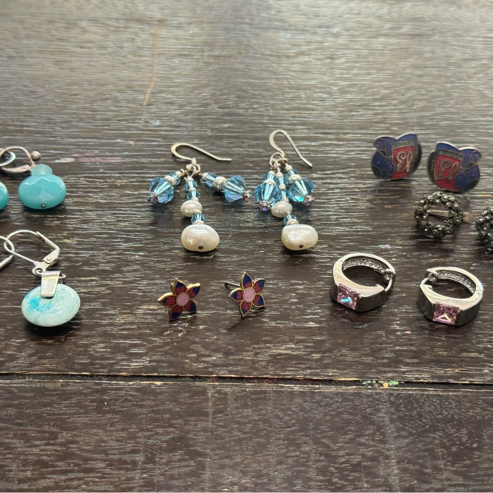 Bundle of gem cloisonné earrings! 8 set! vintage earrings. Marcasite pink stone